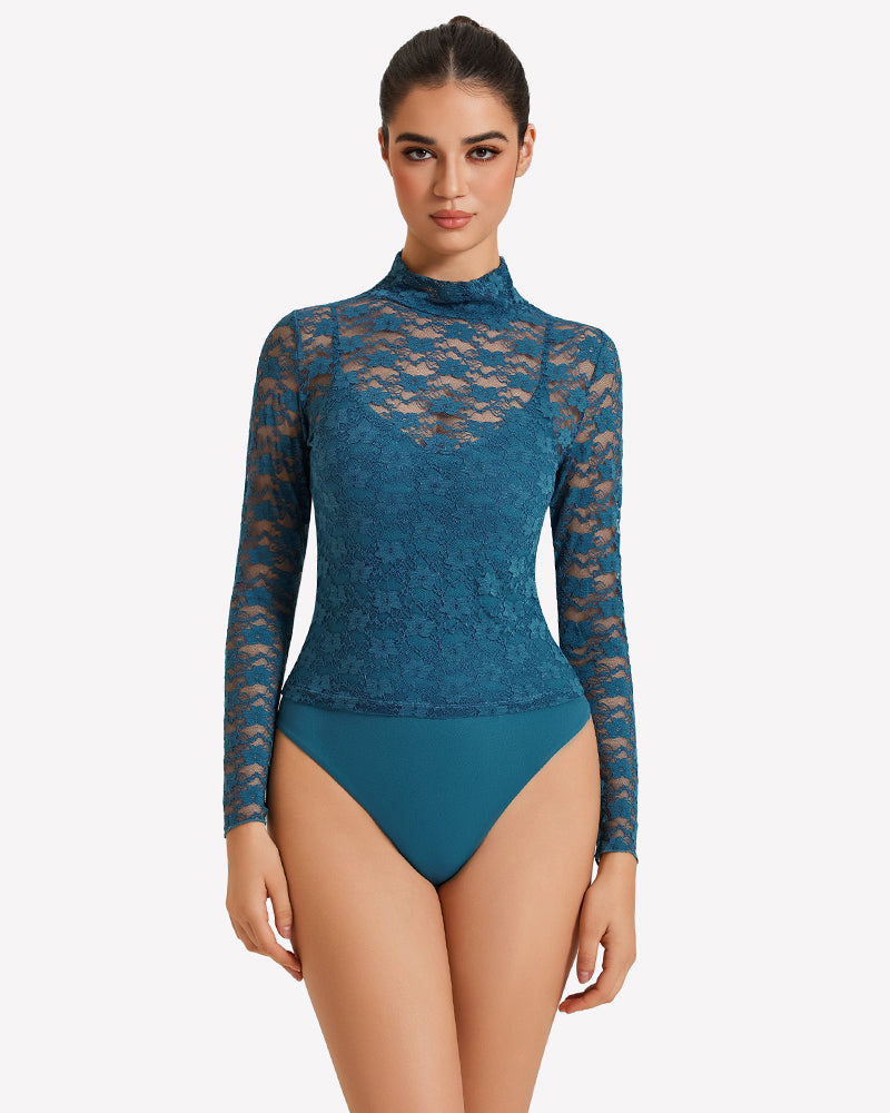 Teal long-sleeve lace bodysuit with high neck and matching thong bottom