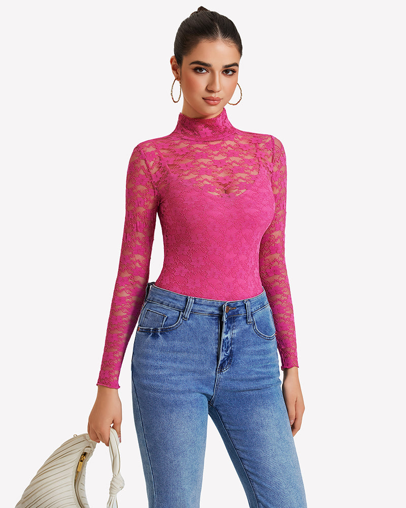 Pink long-sleeve lace bodysuit with high neck and thong bottom