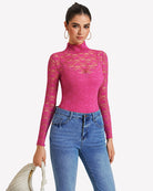 Pink long-sleeve lace bodysuit with high neck and thong bottom