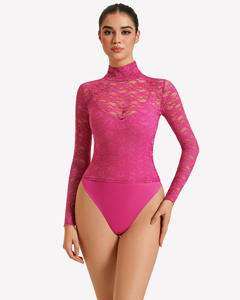 Rose pink long-sleeve lace bodysuit with high neckline and thong bottom