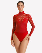 Red long-sleeve lace bodysuit with high neckline and thong bottom