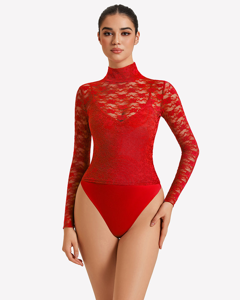 Red long-sleeve lace bodysuit with high neckline and thong bottom