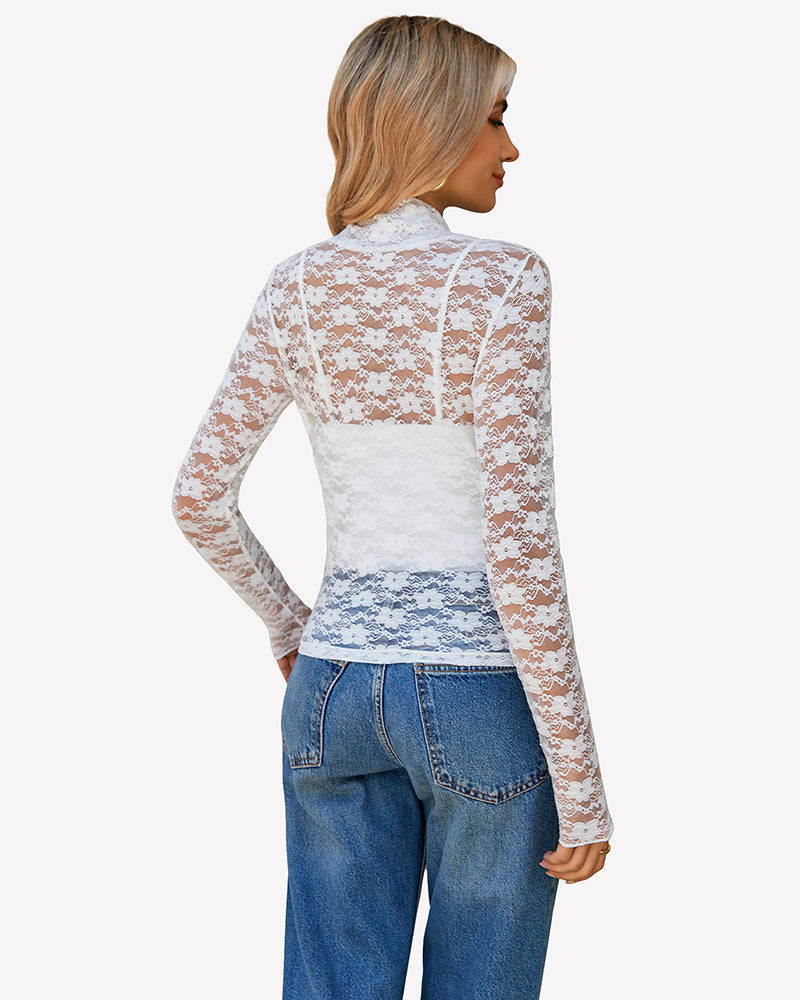 White lace long-sleeve bodysuit top, high neck and fitted waist