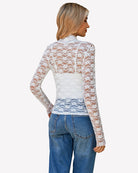 White lace long-sleeve bodysuit top, high neck and fitted waist