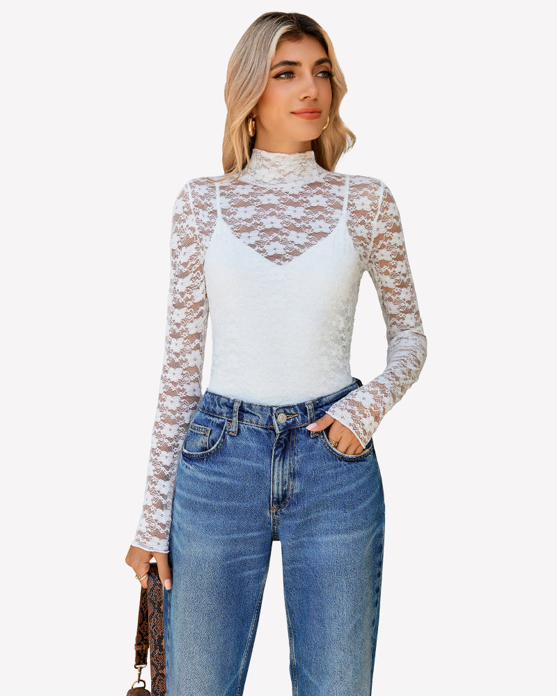 White long-sleeve lace bodysuit with high neckline and thong bottom