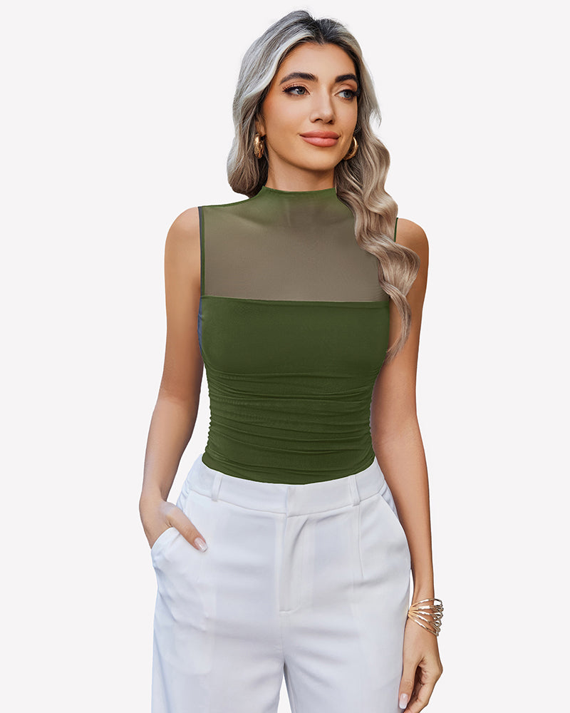 Mock neck mesh bodysuit with ruched tank front, olive green