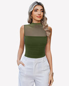 Mock neck mesh bodysuit with ruched tank front, olive green