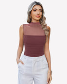 Mock neck mesh bodysuit with ruched tank front, dark purple