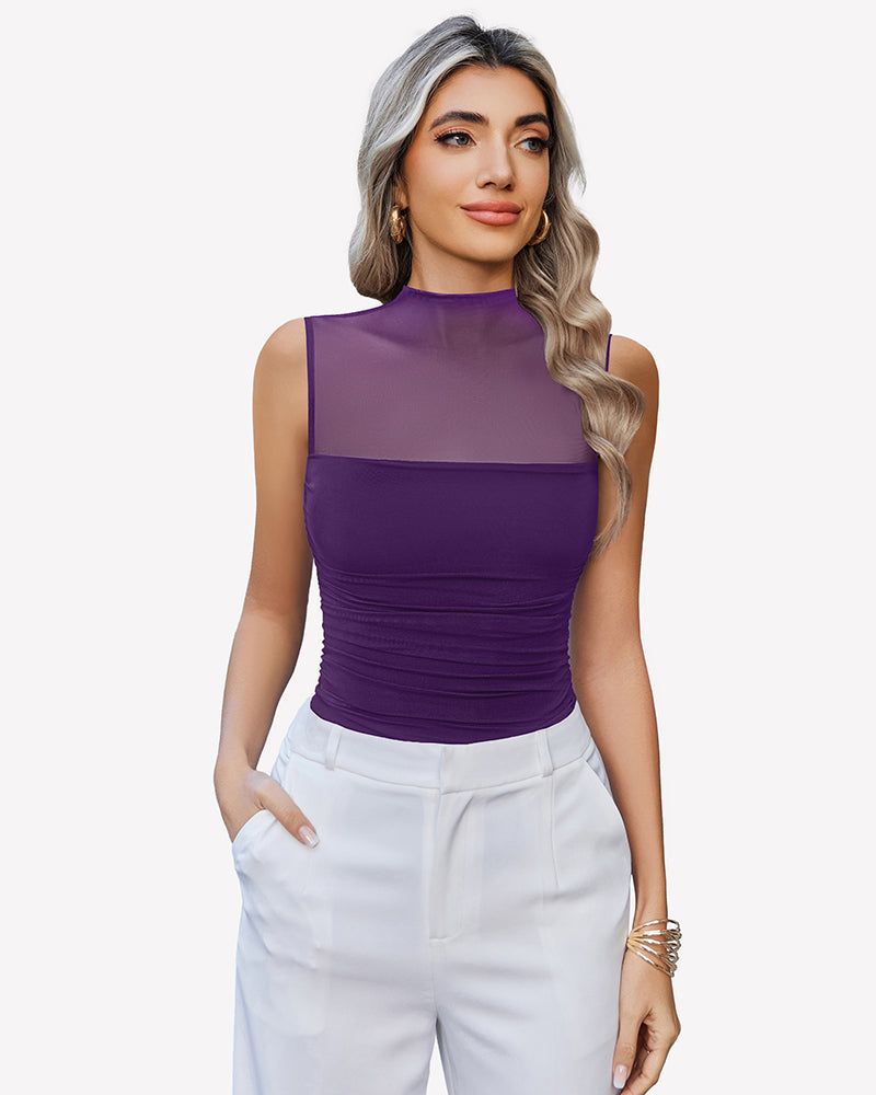 Mock neck ruched tank bodysuit, dark purple sleeveless top