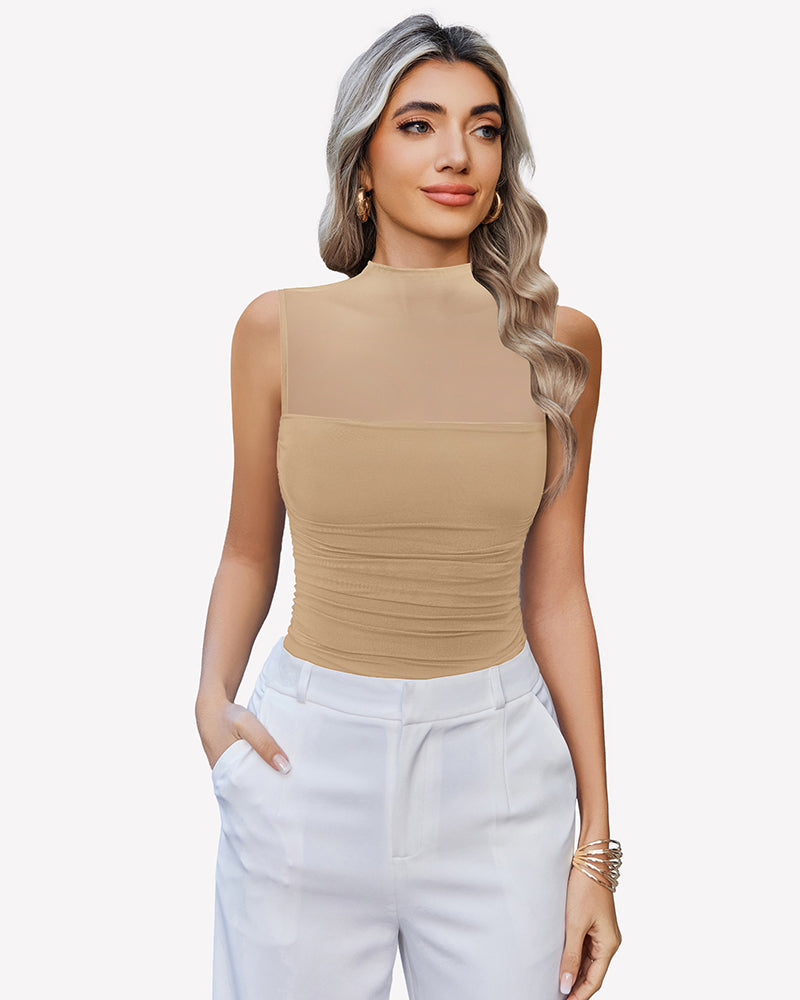 Mock neck ruched tank bodysuit, nude beige sleeveless top