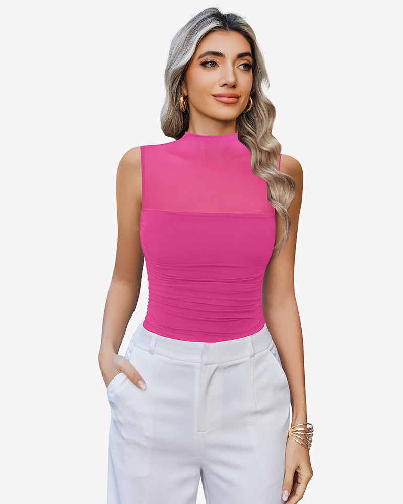 Mock neck ruched tank bodysuit, bright pink sleeveless top