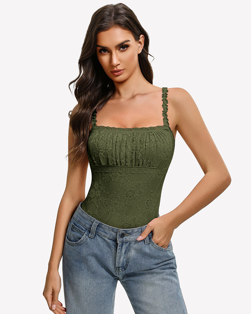 Green lace thong bodysuit with square neckline, sleeveless cami straps, scalloped edges
