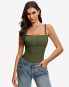 Green lace thong bodysuit with square neckline, sleeveless cami straps, scalloped edges
