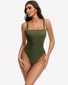 Green lace thong bodysuit with square neckline, sleeveless cami straps, scalloped trim