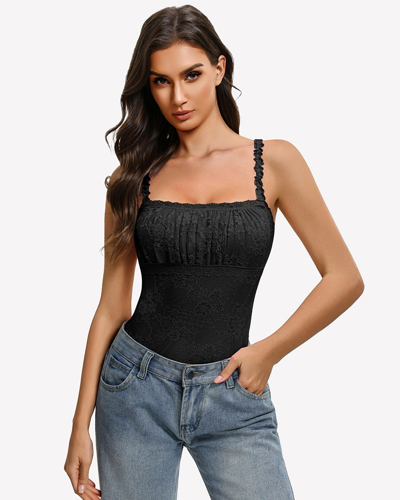 Black lace thong bodysuit with square neckline, sleeveless cami straps, scalloped trim