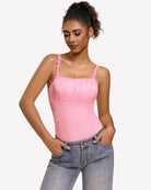 Lace thong bodysuit, square neckline, sleeveless lace cami in pink