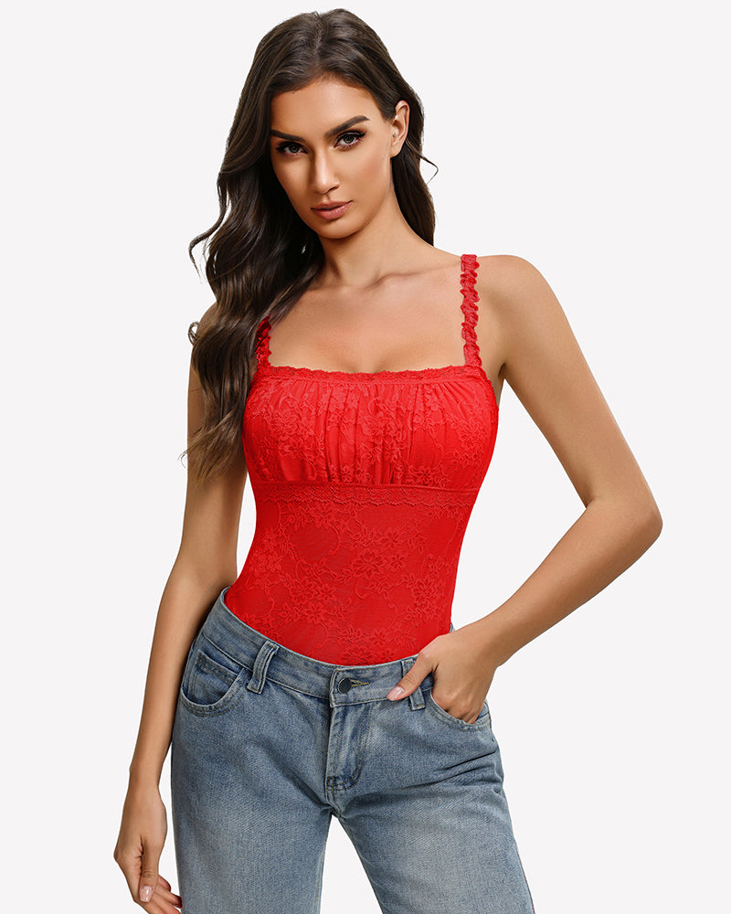 Lace thong bodysuit, square neckline, sleeveless lace cami in red