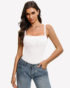 White lace thong bodysuit with square neckline, sleeveless cami straps, scalloped trim