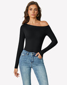 Black off-shoulder long sleeve bodysuit with smooth one-piece fit