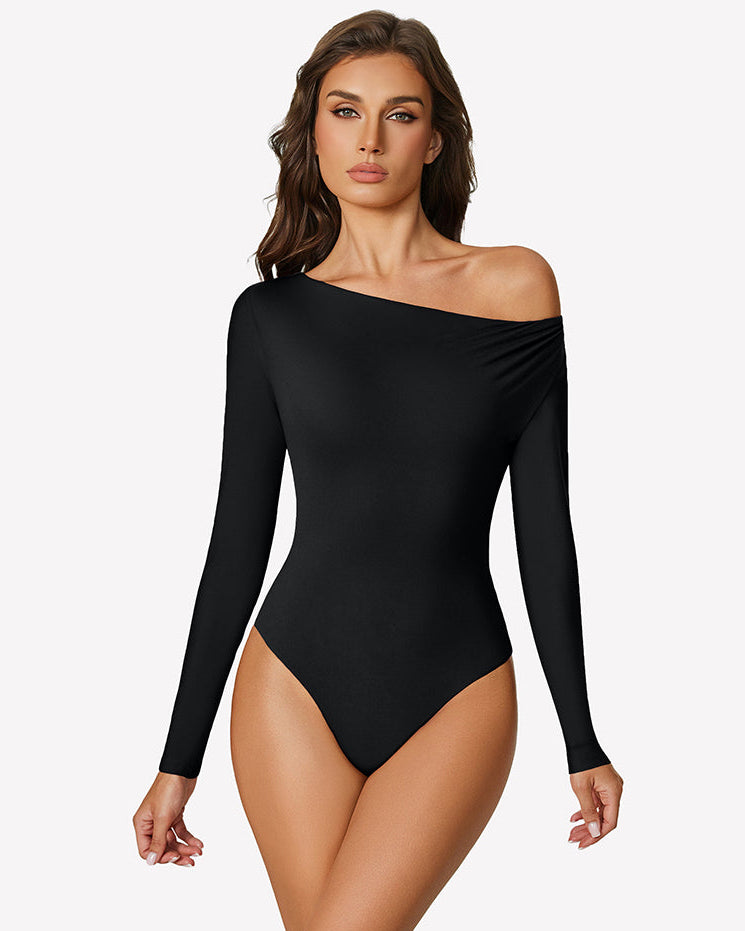 Black off-shoulder long sleeve bodysuit with thong-cut leg opening