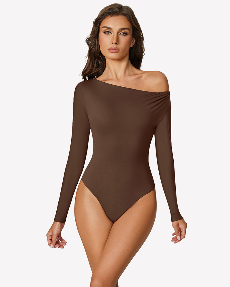 Brown off-shoulder long sleeve bodysuit with thong-cut leg opening