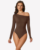 Brown off-shoulder long sleeve bodysuit with thong-cut leg opening