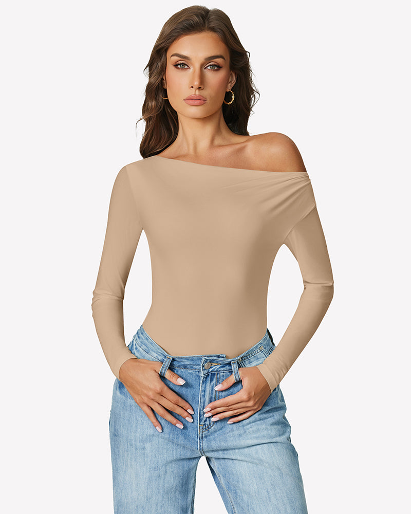Nude off-shoulder long sleeve bodysuit with off-shoulder neckline