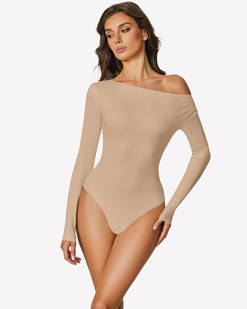 Nude off-shoulder long sleeve bodysuit with smooth one-piece fit
