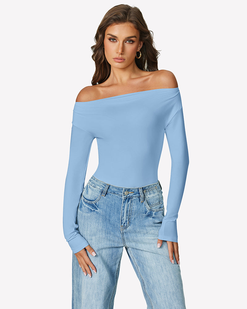 Light blue off-shoulder long sleeve bodysuit with wide off-shoulder neckline