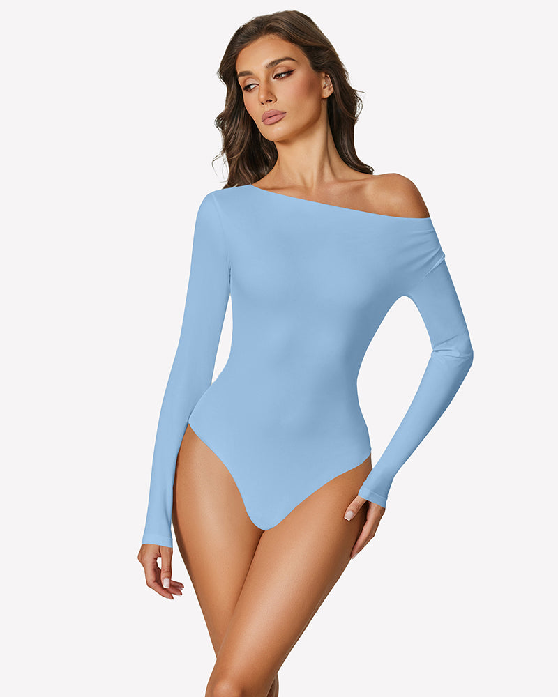 Light blue off-shoulder long sleeve bodysuit with thong-cut leg opening