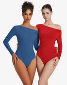 Blue and red off-shoulder long sleeve bodysuits with fitted thong-style legs
