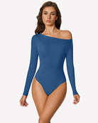 Blue off-shoulder long sleeve bodysuit with thong-cut leg opening