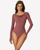 Off-shoulder long-sleeve bodysuit, muted brown, front view with thong-style bottom.