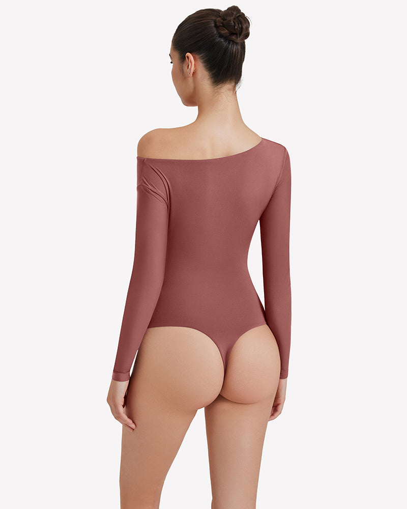 Off-shoulder long-sleeve bodysuit, muted brown, back view with fitted long sleeves.