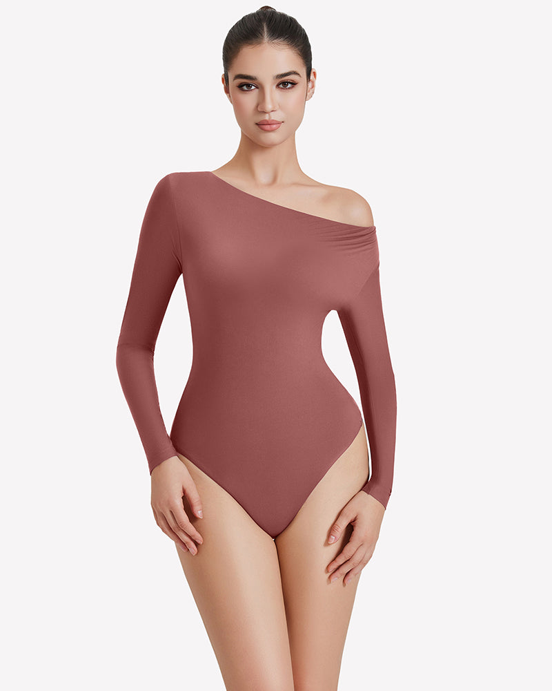 Off-shoulder long-sleeve bodysuit, muted brown, fitted silhouette with draped neckline.