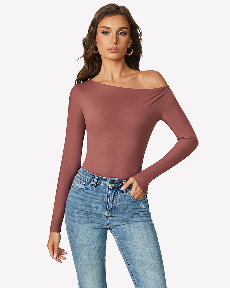 Off-shoulder long-sleeve bodysuit, muted brown, off-shoulder neckline and fitted long sleeves.