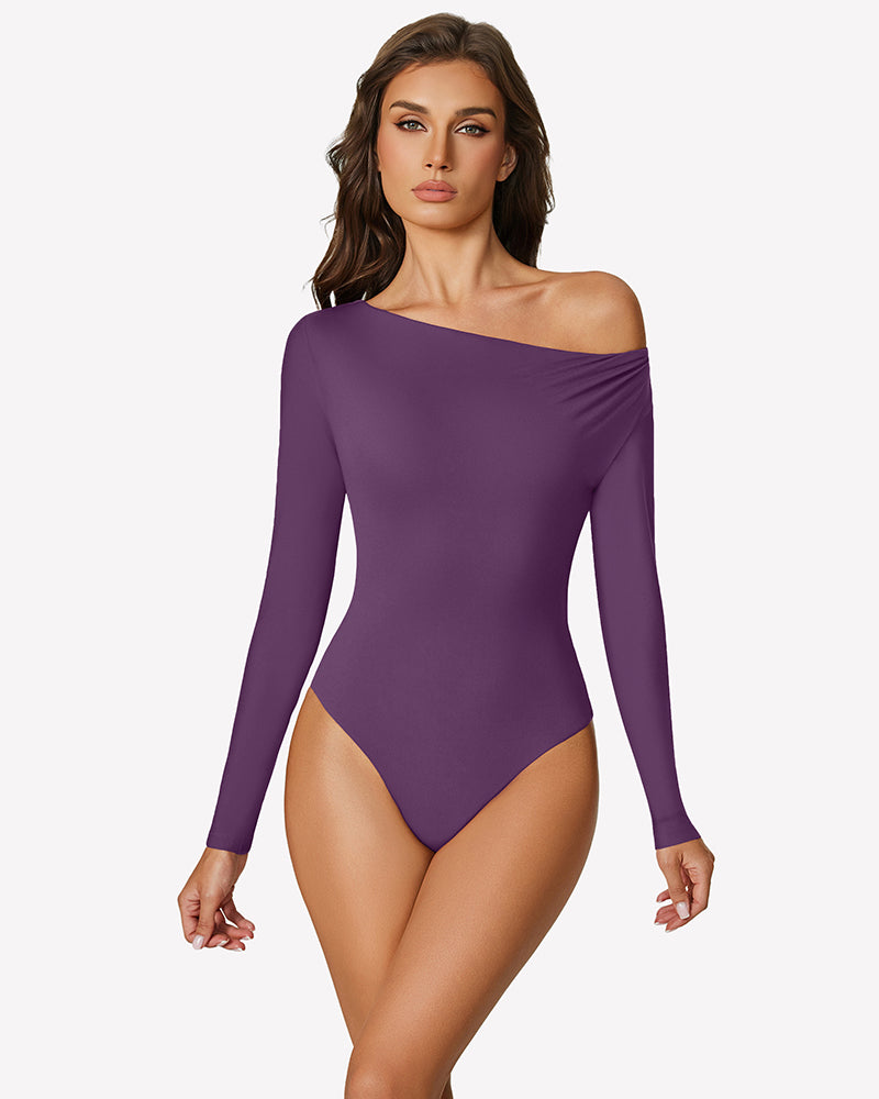 Off-shoulder long-sleeve bodysuit, deep purple, fitted with draped neckline.