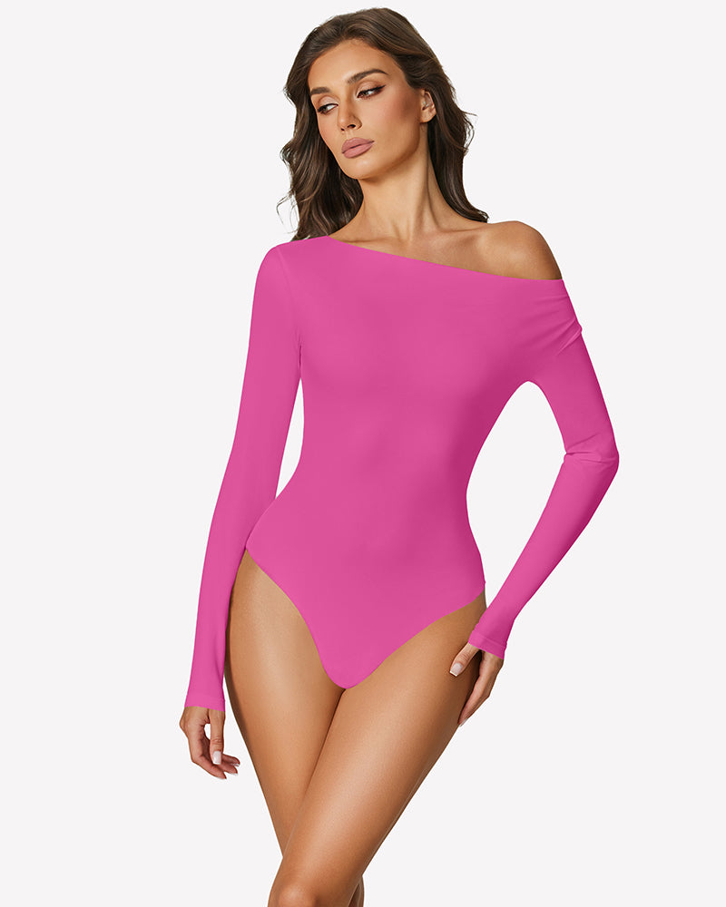 Off-shoulder long-sleeve bodysuit, bright pink, fitted silhouette with draped neckline.