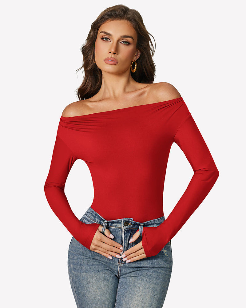 Off-shoulder long-sleeve bodysuit, red, long sleeves with off-shoulder draped neckline.
