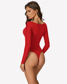 Red off-shoulder long sleeve bodysuit with wide neckline and fitted leg cut