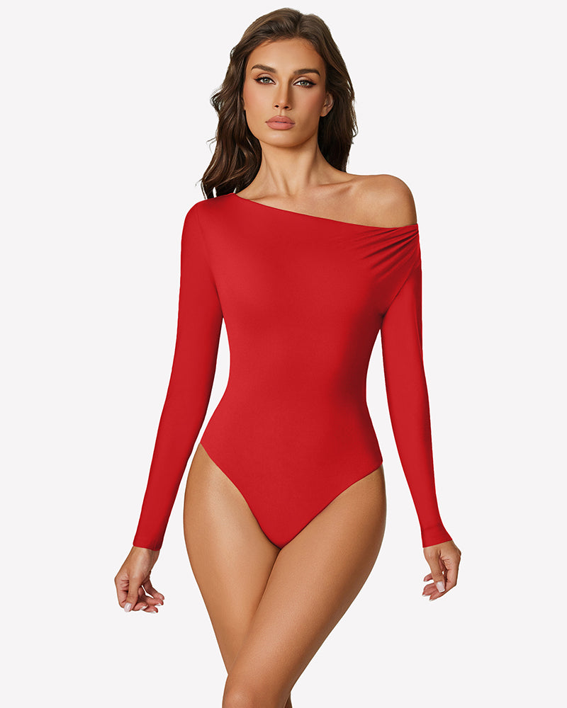 Off-shoulder long-sleeve bodysuit, red, fitted with draped off-shoulder neckline.