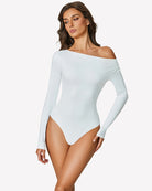 Light blue off-shoulder long sleeve bodysuit with wide neckline and fitted waist