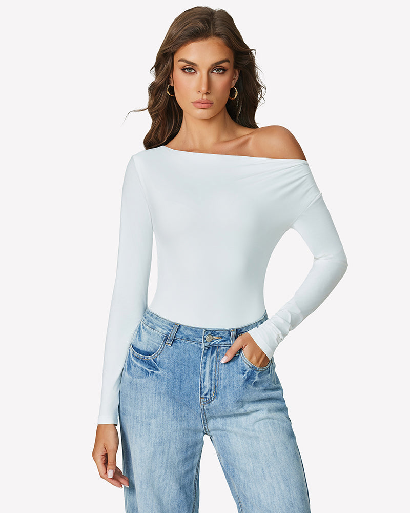 Light blue off-shoulder long sleeve bodysuit with wide neckline, ruched at chest