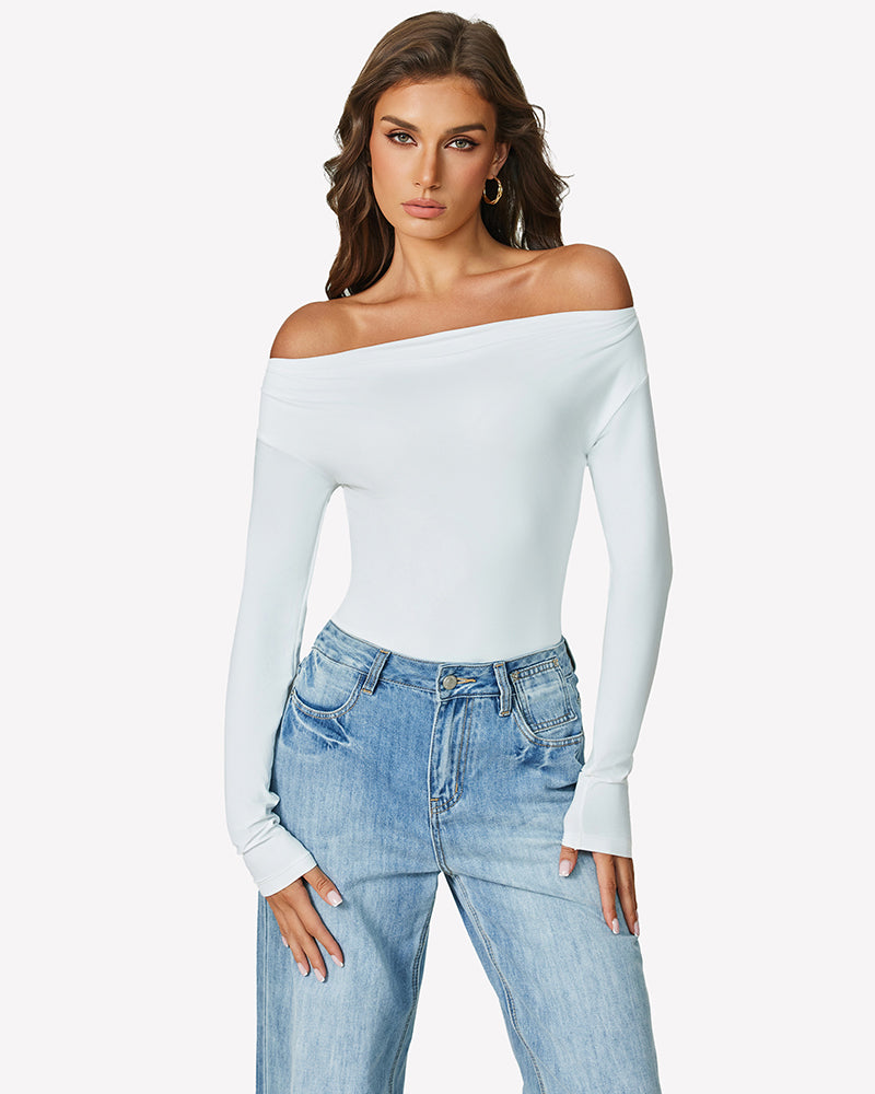 Light blue off-shoulder long sleeve bodysuit with wide neckline, fitted bodice
