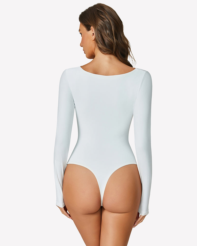 Light blue off-shoulder long sleeve bodysuit back view with high-cut leg openings