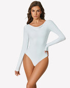 Light blue off-shoulder long sleeve bodysuit with long sleeves and high-cut leg openings