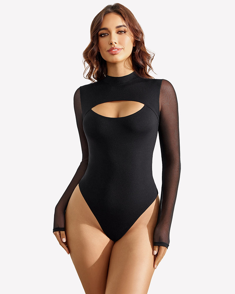 Black long-sleeve thong bodysuit with high-cut legs and keyhole front.