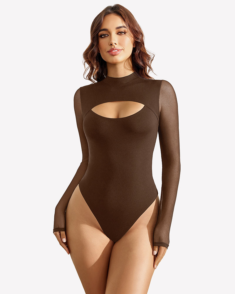 Brown long-sleeve thong bodysuit with keyhole front and long sleeves.