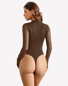 Brown long-sleeve thong bodysuit, back view, high-cut legs.