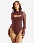 Burgundy long-sleeve thong bodysuit with keyhole front and long sleeves.